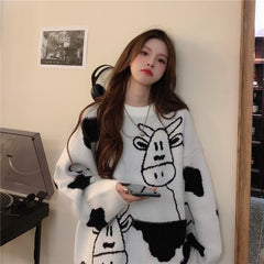 New Cow Pattern Pullover Style Loose Sweater