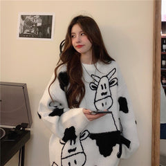 New Cow Pattern Pullover Style Loose Sweater
