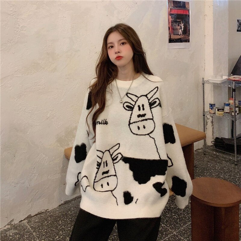 New Cow Pattern Pullover Style Loose Sweater