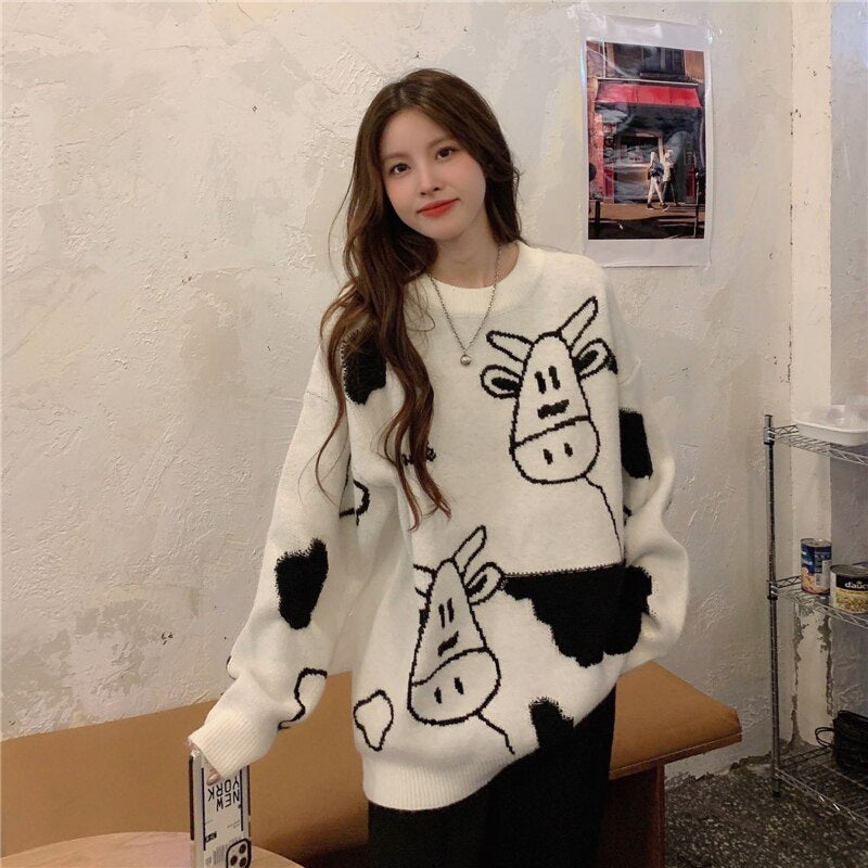 New Cow Pattern Pullover Style Loose Sweater
