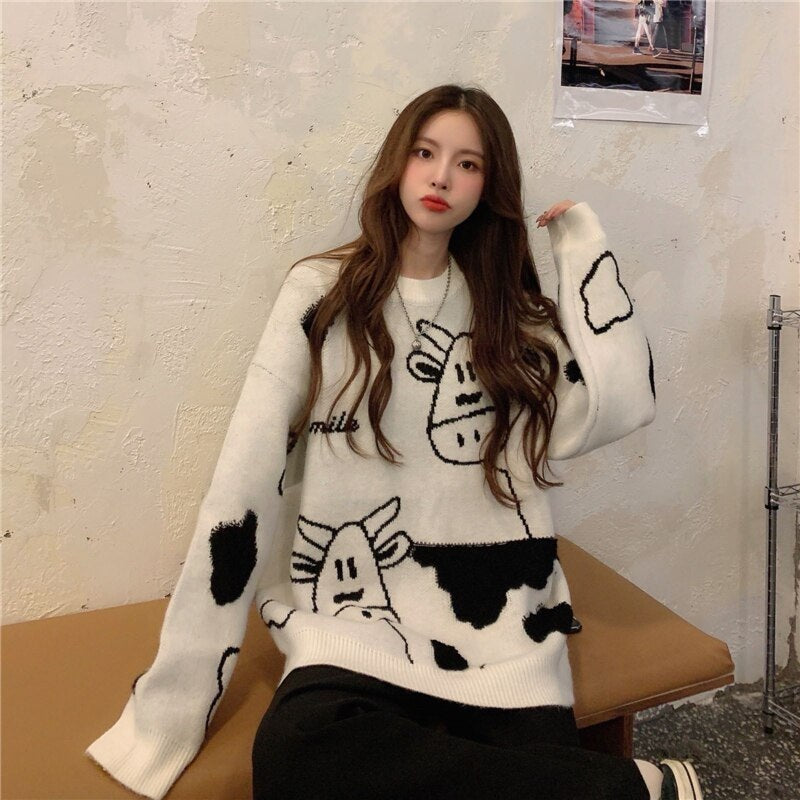 New Cow Pattern Pullover Style Loose Sweater