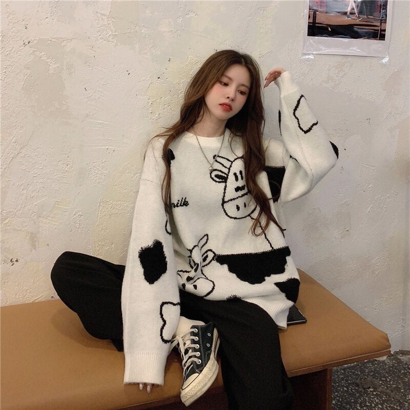 New Cow Pattern Pullover Style Loose Sweater