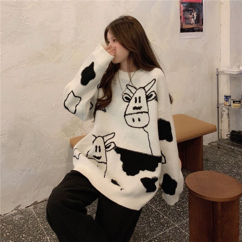 New Cow Pattern Pullover Style Loose Sweater