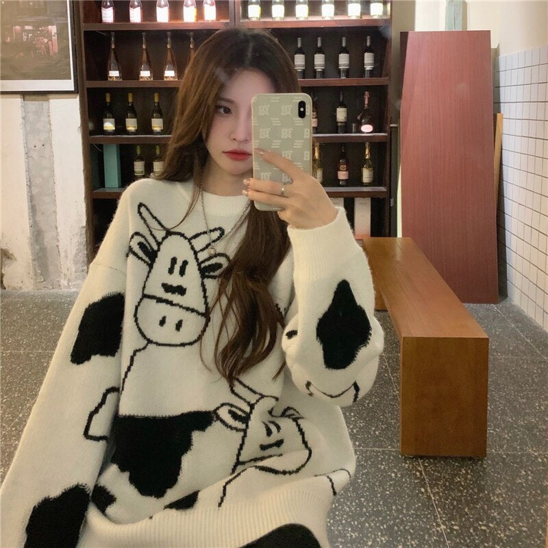 New Cow Pattern Pullover Style Loose Sweater