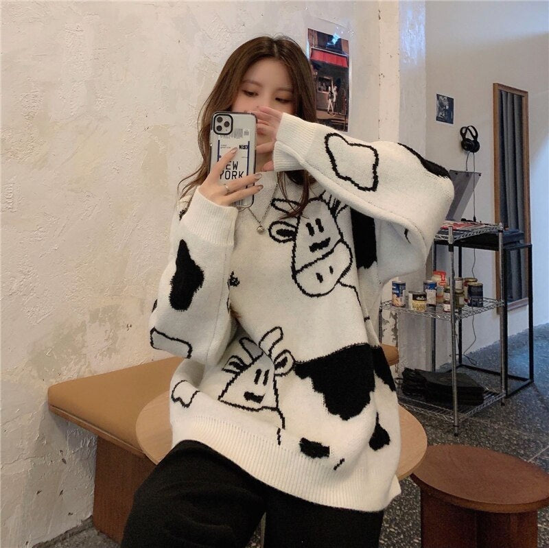 New Cow Pattern Pullover Style Loose Sweater
