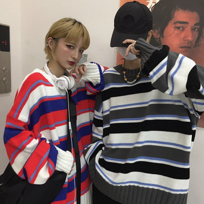 New Lazy Wind Striped Pullover Knit Loose Oversize Sweater