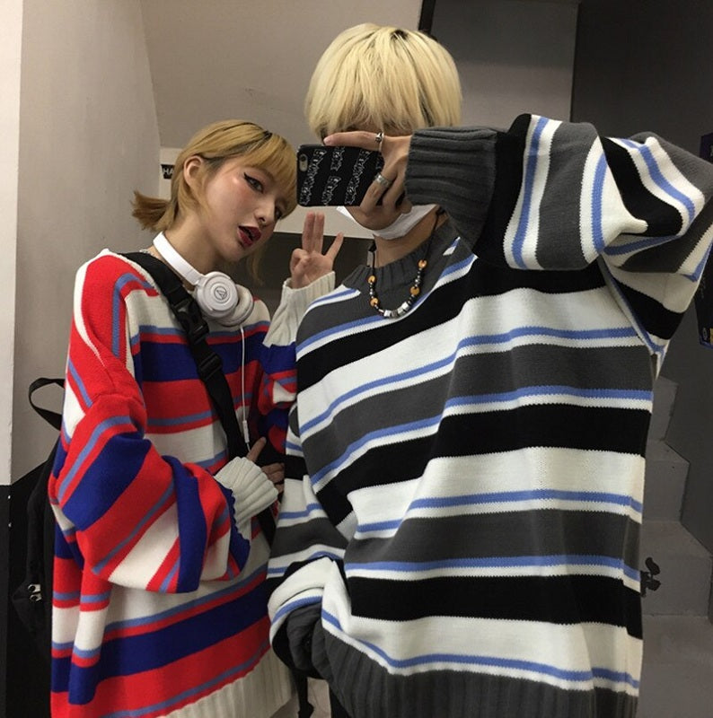 New Lazy Wind Striped Pullover Knit Loose Oversize Sweater