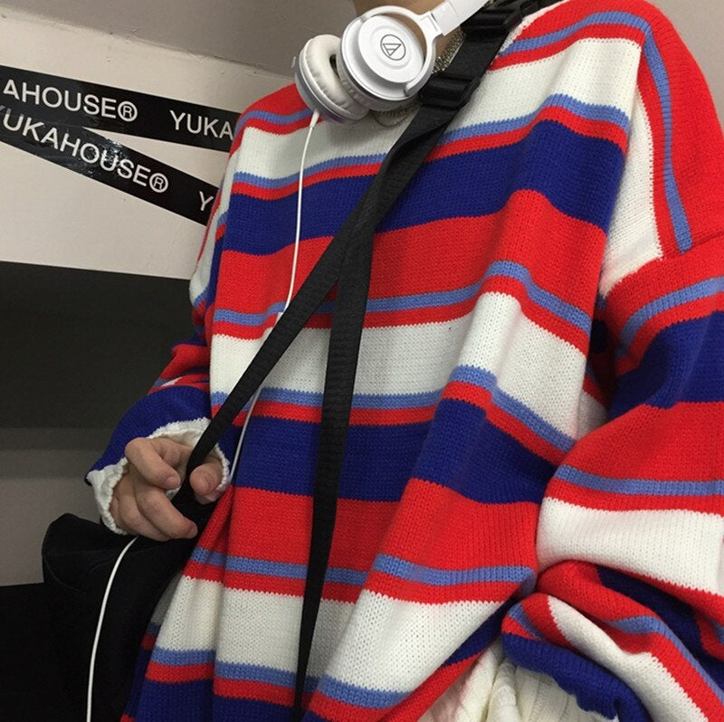 New Lazy Wind Striped Pullover Knit Loose Oversize Sweater