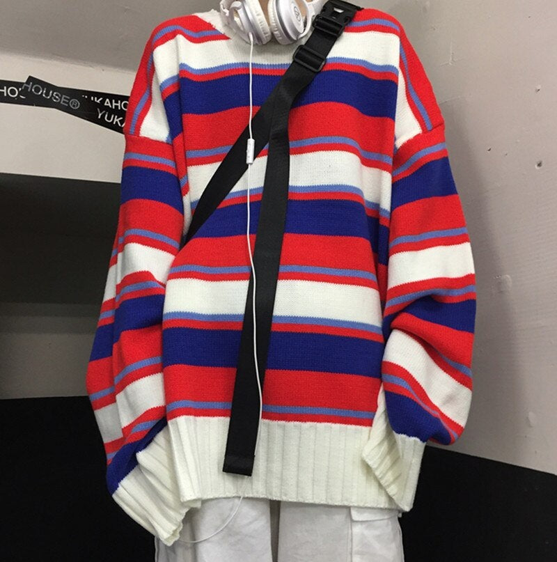New Lazy Wind Striped Pullover Knit Loose Oversize Sweater