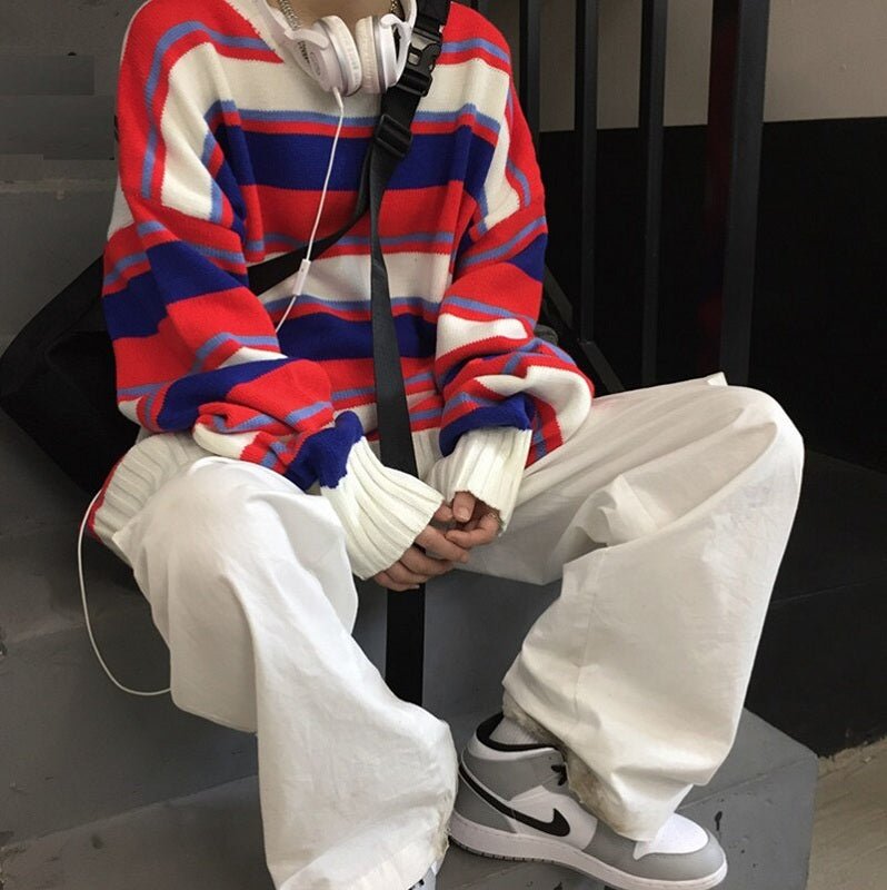 New Lazy Wind Striped Pullover Knit Loose Oversize Sweater