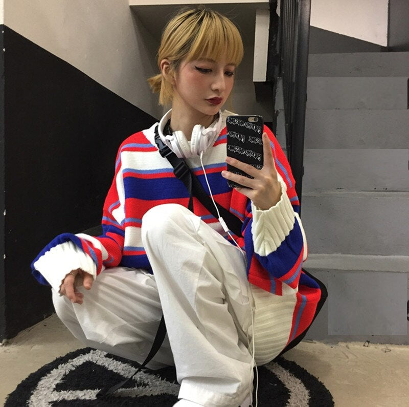 New Lazy Wind Striped Pullover Knit Loose Oversize Sweater