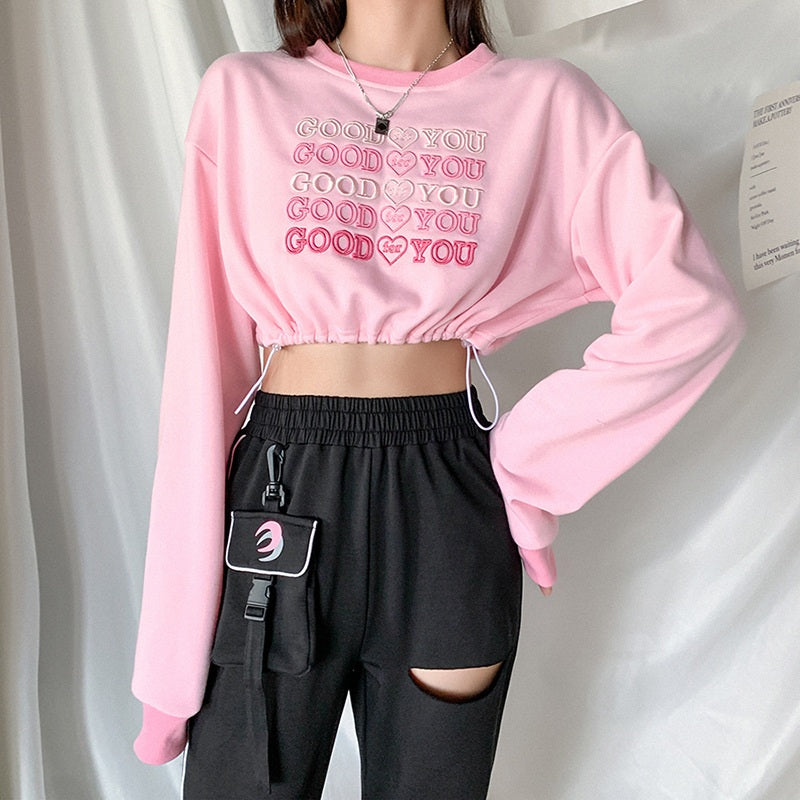 New Letters Embroidery Drawstring O Neck Sweatshirt