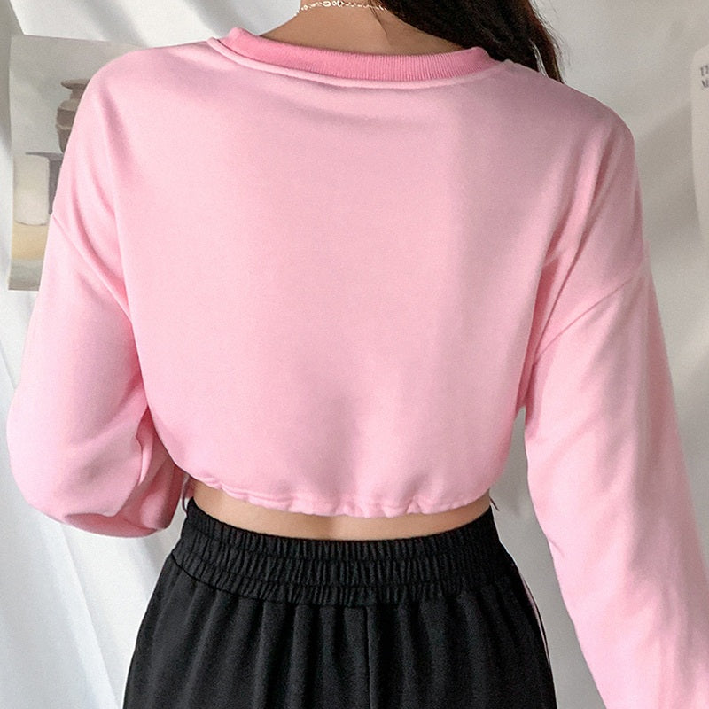 New Letters Embroidery Drawstring O Neck Sweatshirt