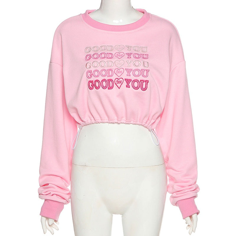 New Letters Embroidery Drawstring O Neck Sweatshirt