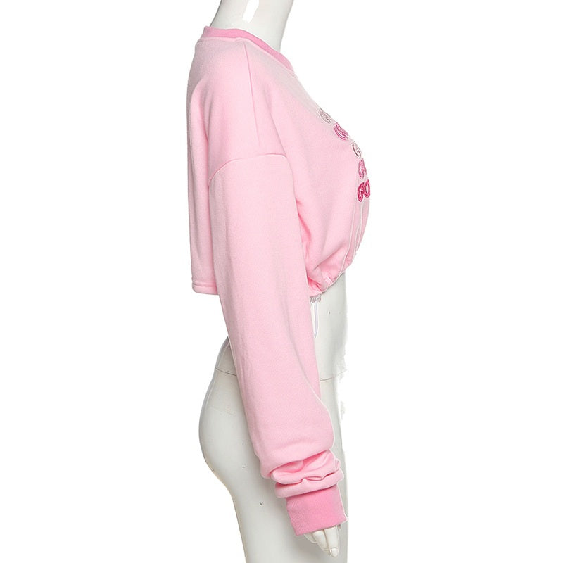 New Letters Embroidery Drawstring O Neck Sweatshirt