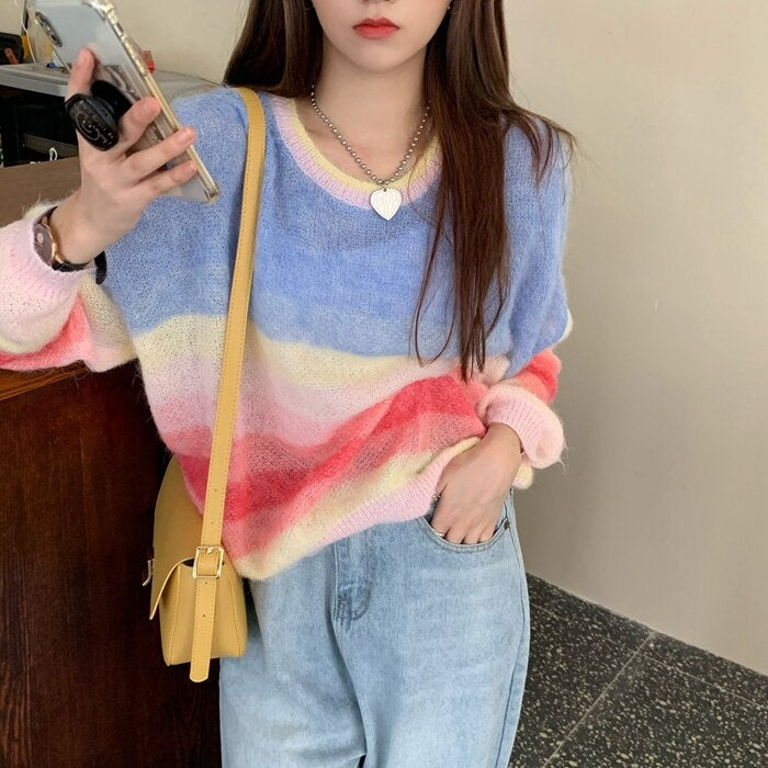 New Rainbow Striped Knitted Long-Sleeved Loose Pullover Sweater