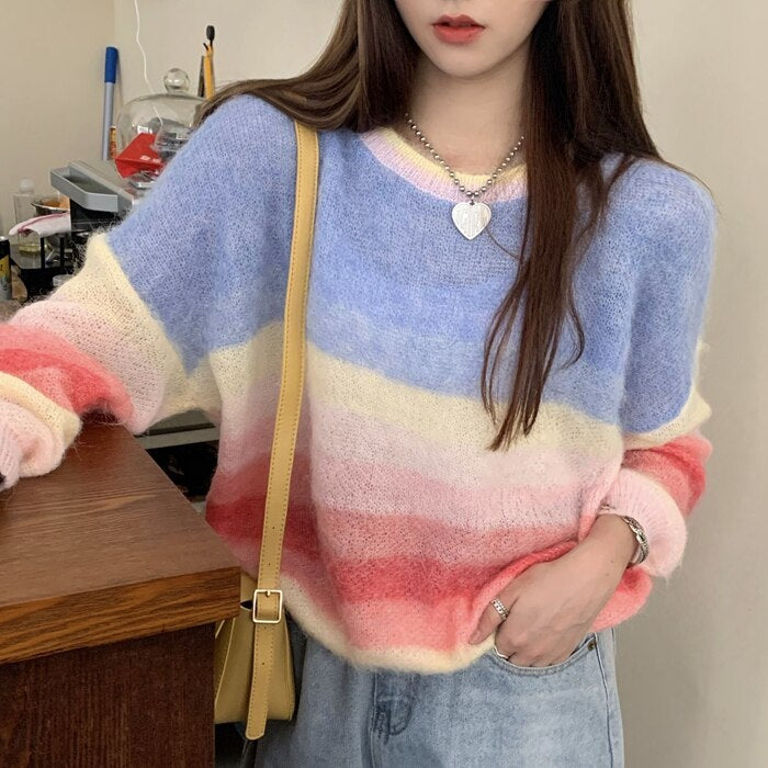 New Rainbow Striped Knitted Long-Sleeved Loose Pullover Sweater