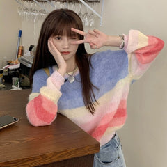 New Rainbow Striped Knitted Long-Sleeved Loose Pullover Sweater