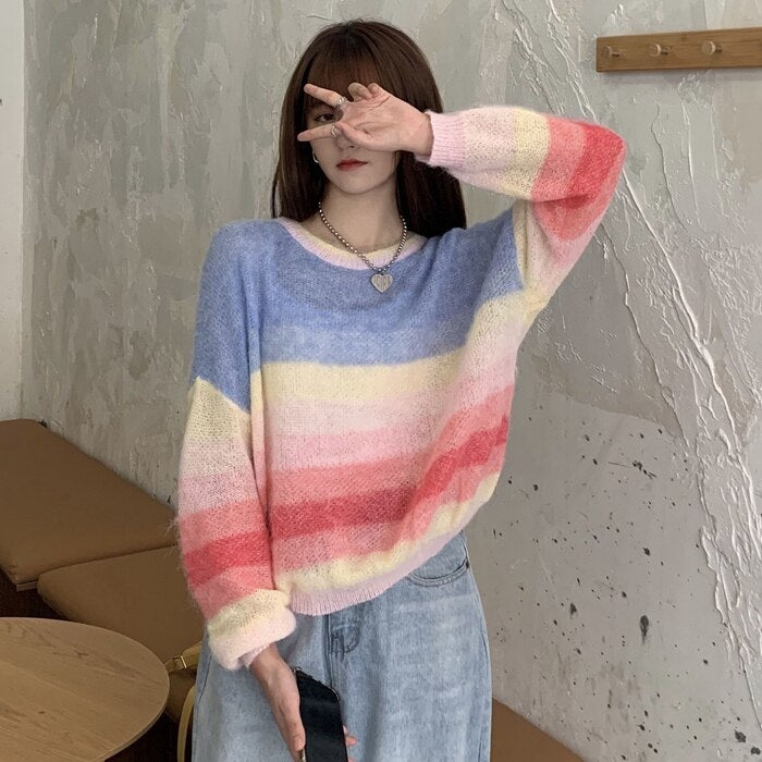 New Rainbow Striped Knitted Long-Sleeved Loose Pullover Sweater