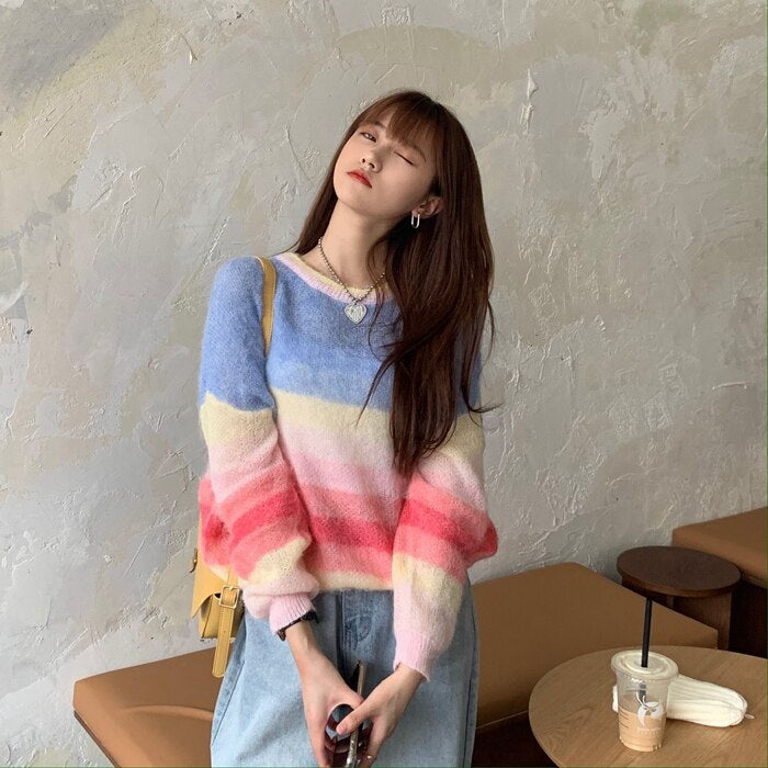 New Rainbow Striped Knitted Long-Sleeved Loose Pullover Sweater
