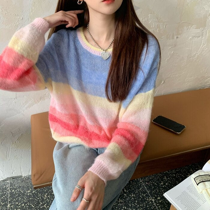 New Rainbow Striped Knitted Long-Sleeved Loose Pullover Sweater