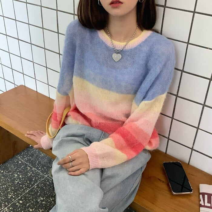 New Rainbow Striped Knitted Long-Sleeved Loose Pullover Sweater