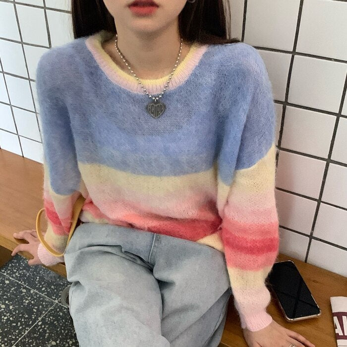 New Rainbow Striped Knitted Long-Sleeved Loose Pullover Sweater