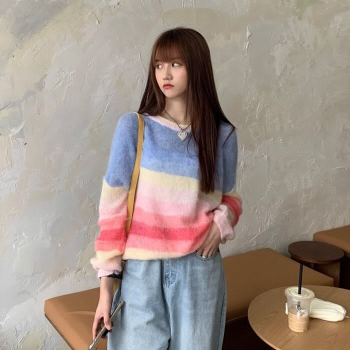 New Rainbow Striped Knitted Long-Sleeved Loose Pullover Sweater