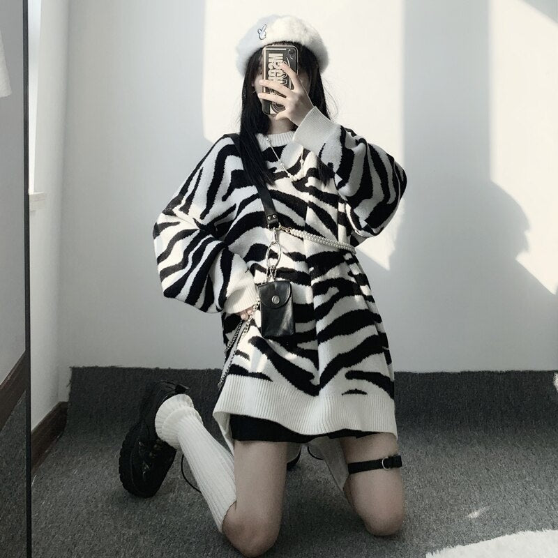 New Retro Zebra Pattern Lazy Wind Loose Sweater