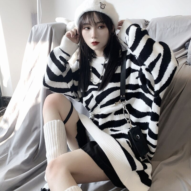 New Retro Zebra Pattern Lazy Wind Loose Sweater