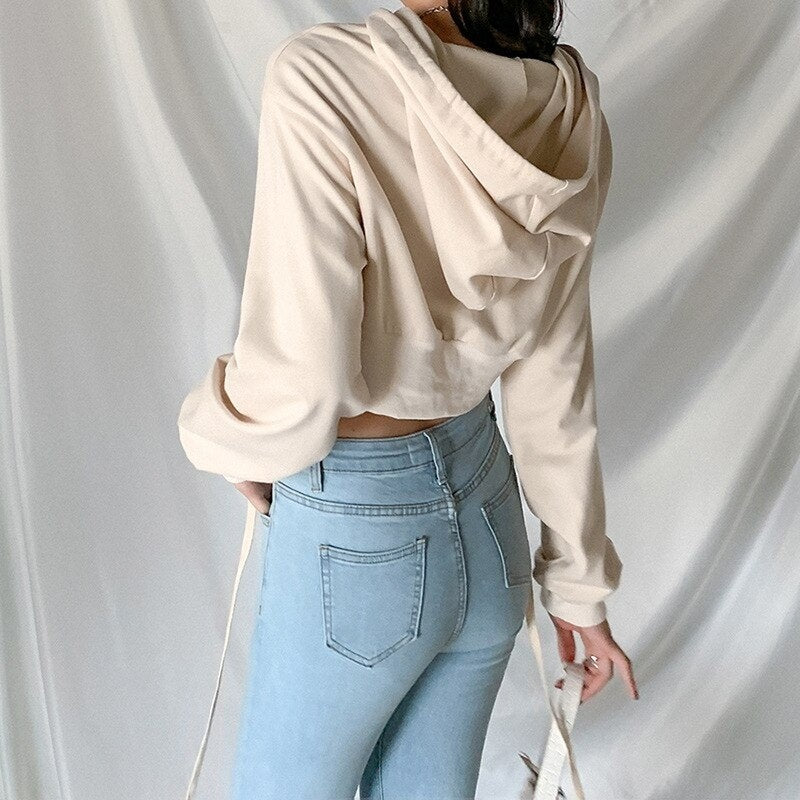 New Solid Color Fashion Loose Hooded Navel Sweatshirt