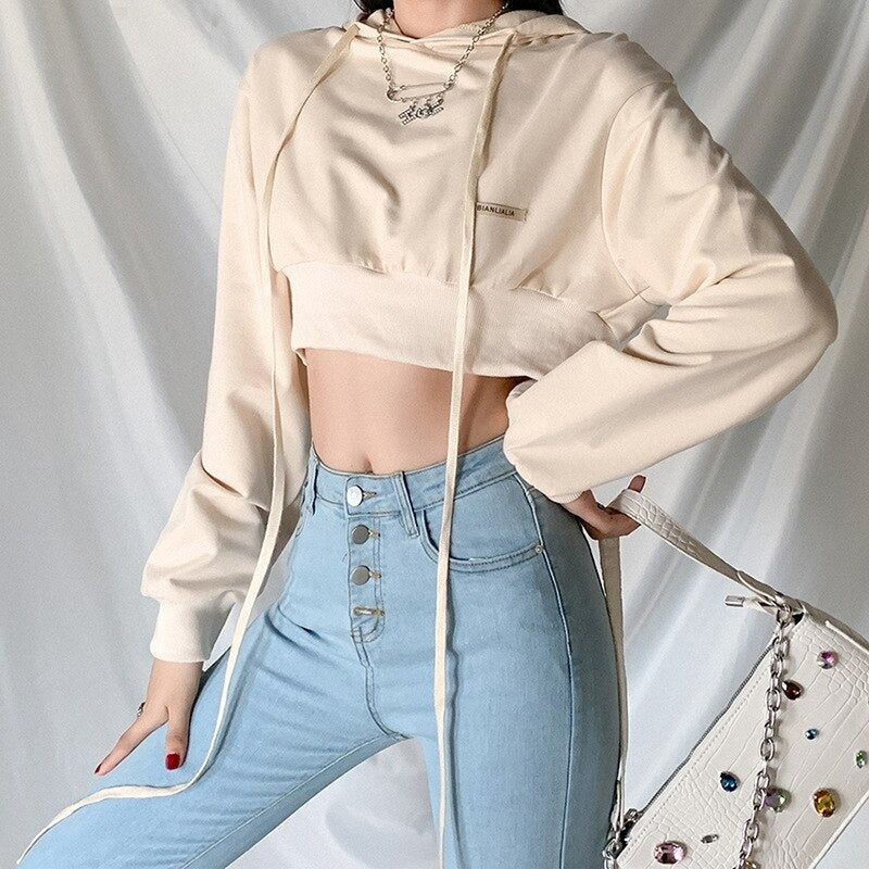 New Solid Color Fashion Loose Hooded Navel Sweatshirt