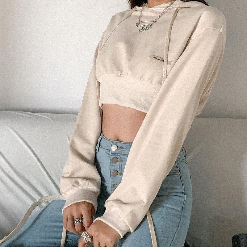 New Solid Color Fashion Loose Hooded Navel Sweatshirt