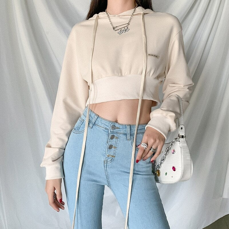 New Solid Color Fashion Loose Hooded Navel Sweatshirt