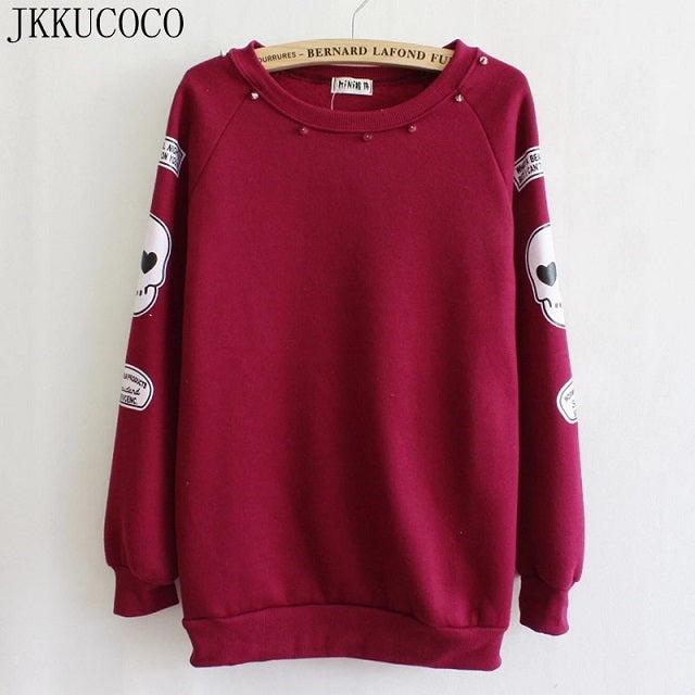 Style Big Skull Rivet Cotton Sweatshirts Fleece Warm Hoodies