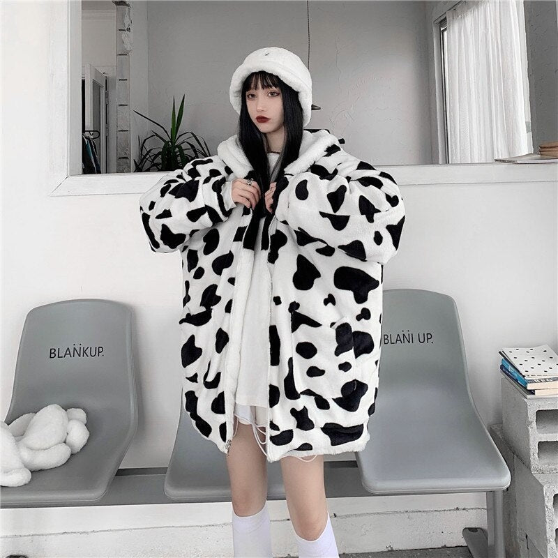 Casual Style Both Sides Wear Loose Thick Faux Fur Cotton Coat