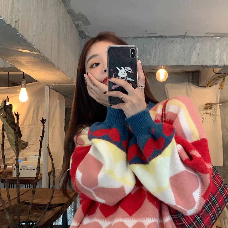 Casual Style Color Matching Love Heart Loose Pullover Sweater