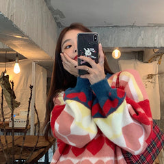 Casual Style Color Matching Love Heart Loose Pullover Sweater