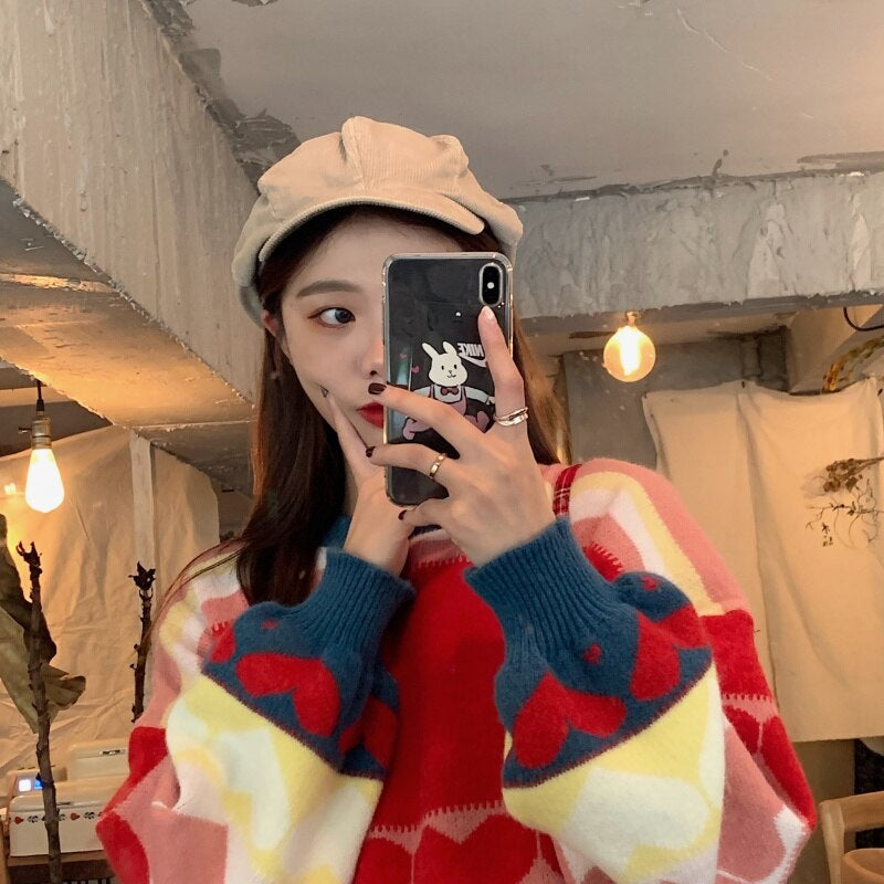 Casual Style Color Matching Love Heart Loose Pullover Sweater