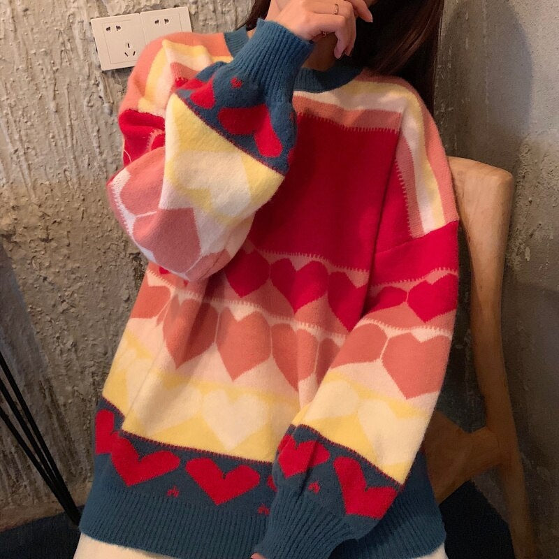 Casual Style Color Matching Love Heart Loose Pullover Sweater