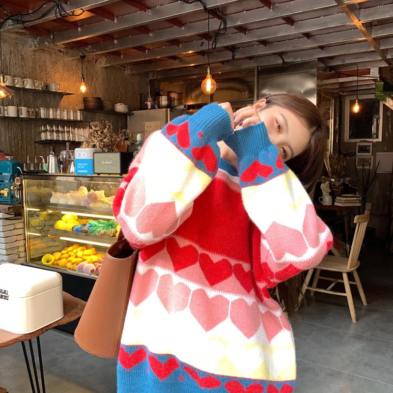 Casual Style Color Matching Love Heart Loose Pullover Sweater