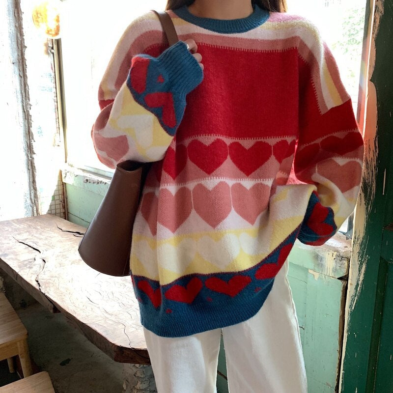 Casual Style Color Matching Love Heart Loose Pullover Sweater