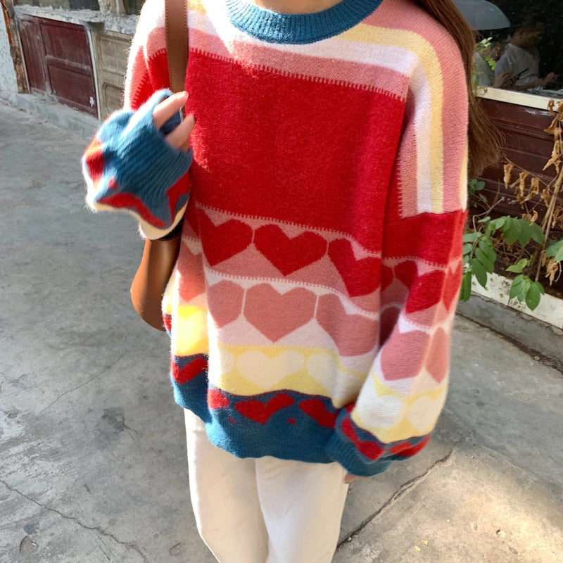 Casual Style Color Matching Love Heart Loose Pullover Sweater