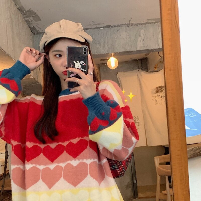 Casual Style Love Heart Jacquard Loose Pullover Knitted Sweater