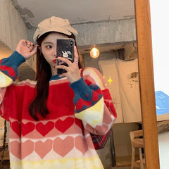 Casual Style Love Heart Jacquard Loose Pullover Knitted Sweater