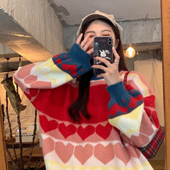 Casual Style Love Heart Jacquard Loose Pullover Knitted Sweater
