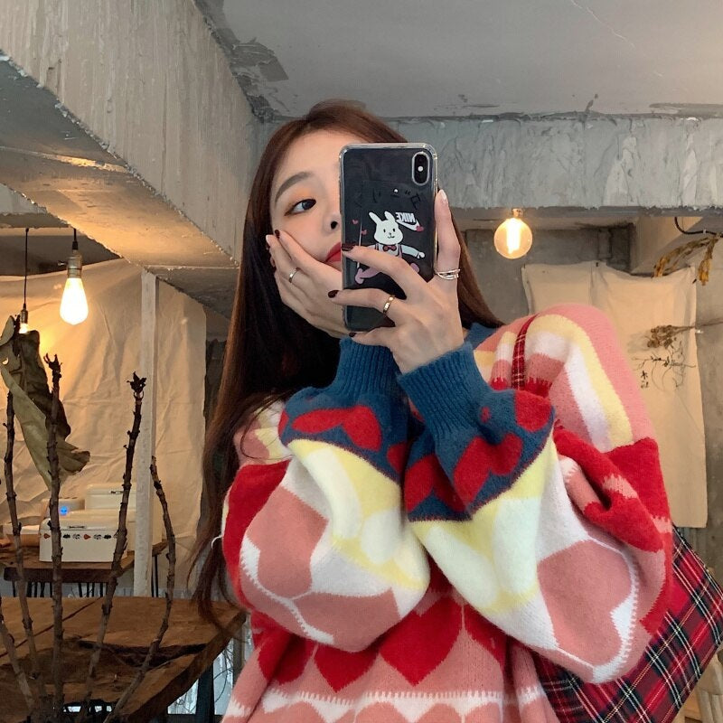 Casual Style Love Heart Jacquard Loose Pullover Knitted Sweater