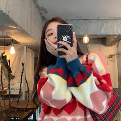 Casual Style Love Heart Jacquard Loose Pullover Knitted Sweater