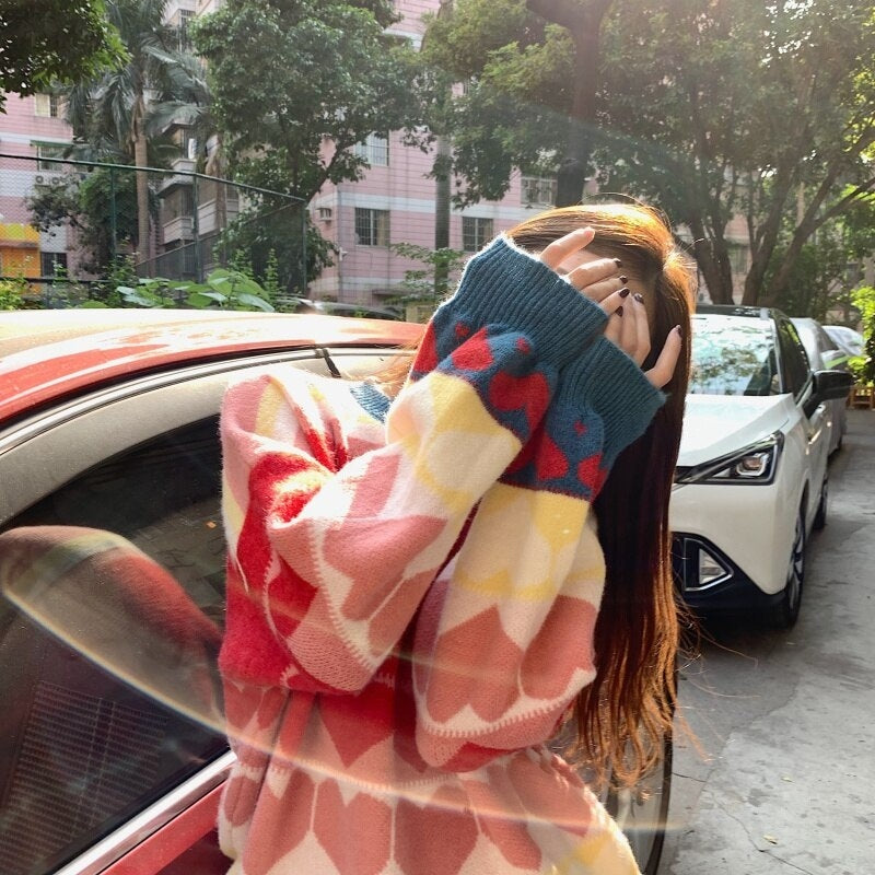 Casual Style Love Heart Jacquard Loose Pullover Knitted Sweater