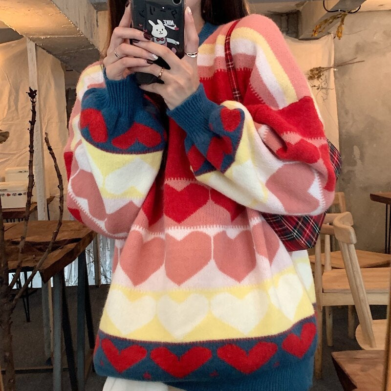 Casual Style Love Heart Jacquard Loose Pullover Knitted Sweater